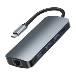 Remax Hub USB-C 9w1 Remax Retor Series RU-U91, 3x USB 3.0, USB-C, RJ45, HDMI, 3.5 mm, SD/TF (szary)