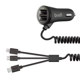 Budi Ładowarka samochodowa 2x USB Budi 068T3, 3.4A + kabel 3w1 USB do USB-C / Lightning / Micro USB (czarny)