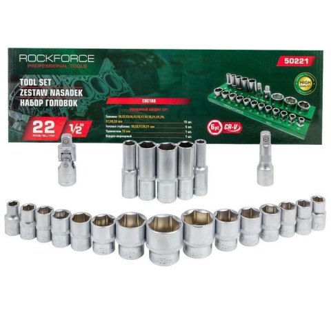 ROCKFORCE NASADKI KRÓTKIE 6-KĄT. 22szt.1/2" 10-32mm /WKŁADKA/PÓŁKA