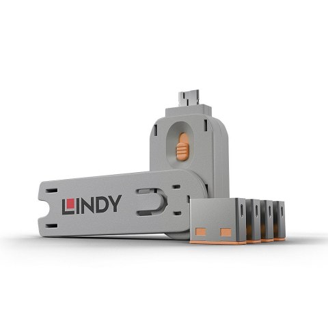 Lindy 40453 bloker portów Blokada portu + klucz USB Typu-A Pomarańczowy Kopolimer akrylonitrylo-butadieno-styrenowy (ABS) 5 szt.