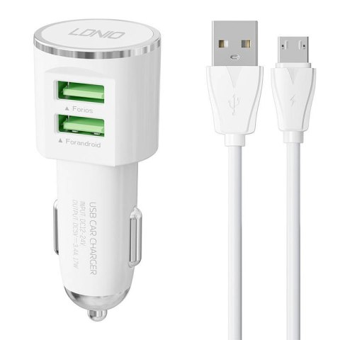 LDNIO Ładowarka samochodowa LDNIO DL-C29, 2x USB, 3.4A + kabel Micro USB (biała)