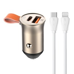 LDNIO Ładowarka samochodowa LDNIO C509Q, USB + USB-C, 30W + kabel USB-C do Lightning (złota)